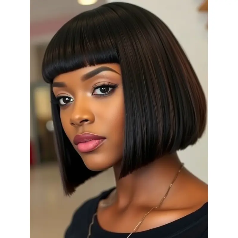 African American Human Hair Afro Wigs Black Straight With Bangs Wigs