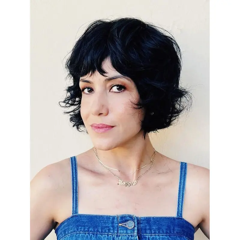 Short Black Wigs 8" Bobs Monofilament Wavy Remy Human Hair Wigs