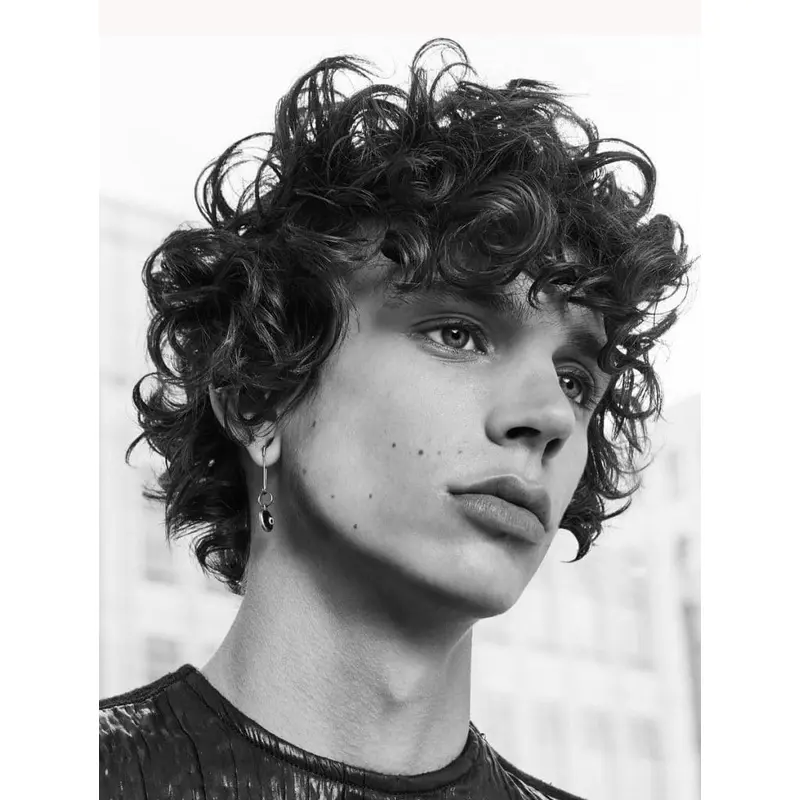 Medium Curly Monofilament Black Synthetic Layered Men Wigs