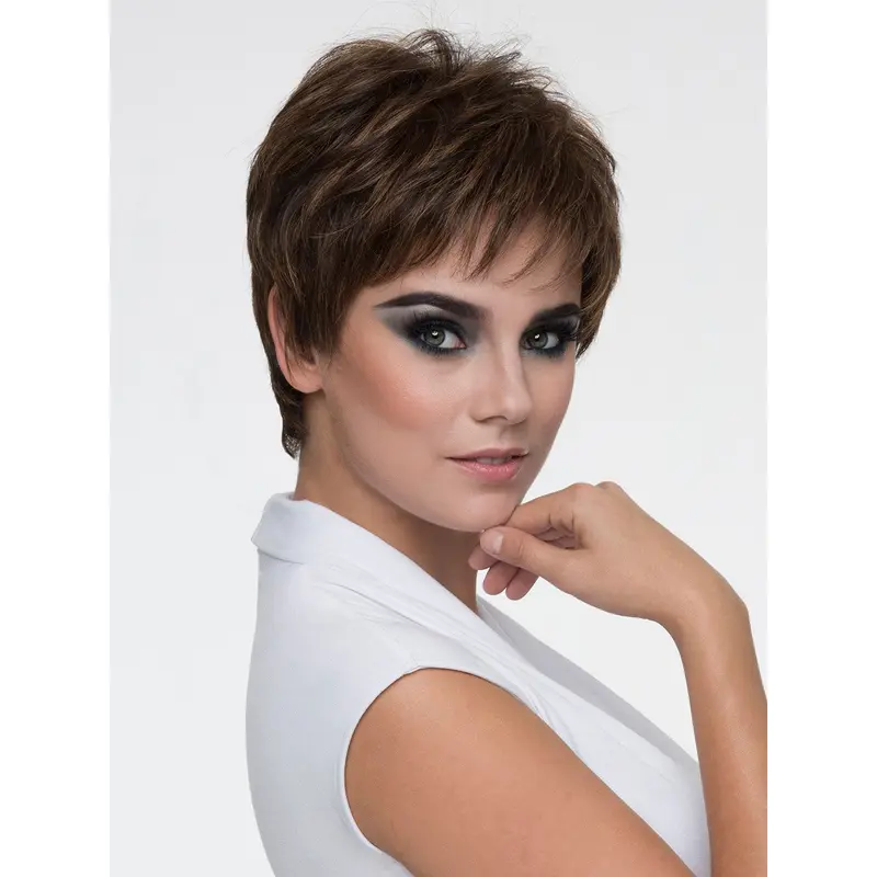 4" Straight Brown Boycuts Monofilament Synthetic Wig