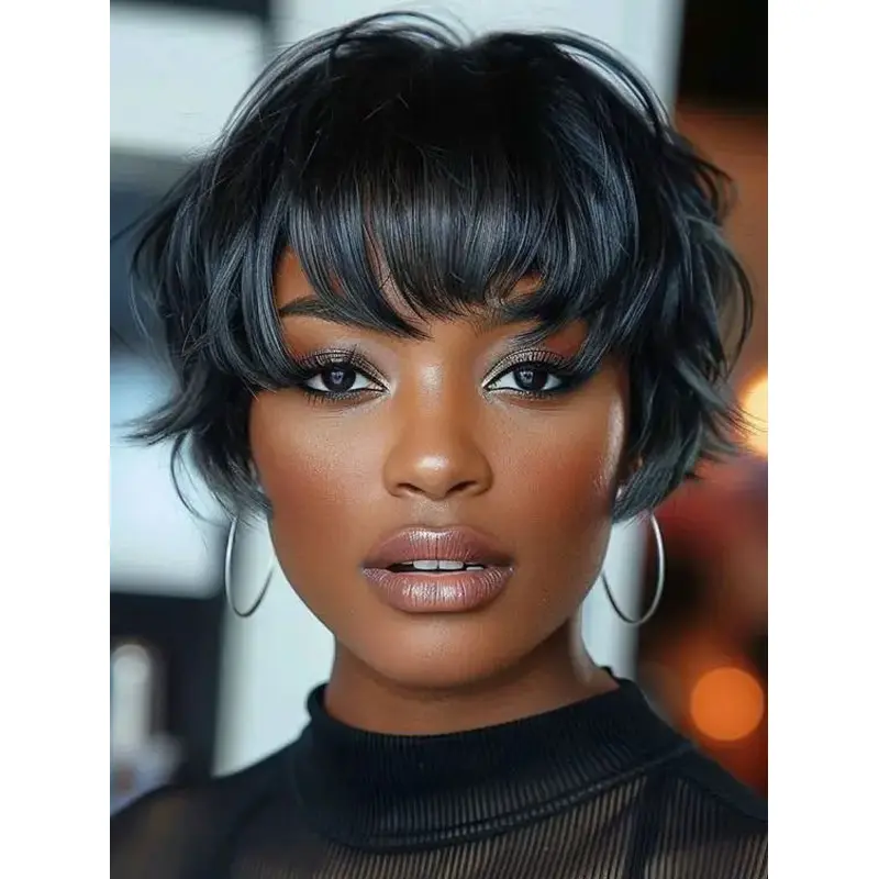 Short Pixie Wigs For African American 6" Wavy Remy Human Hair Wigs