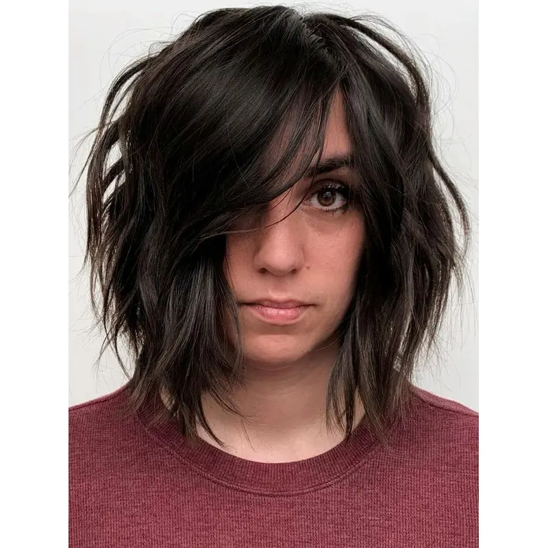 Black Hair Bob Wig 12" Wavy Synthetic Layered Wigs