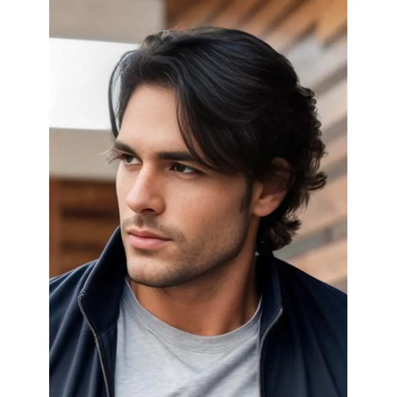 Lace Wigs Men 6" Remy Human Hair Wavy With Bangs Wigs