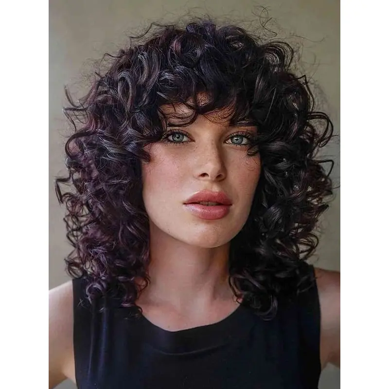 Medium Length Curly Wig With Bangs 14" Monofilament Synthetic Black Wigs