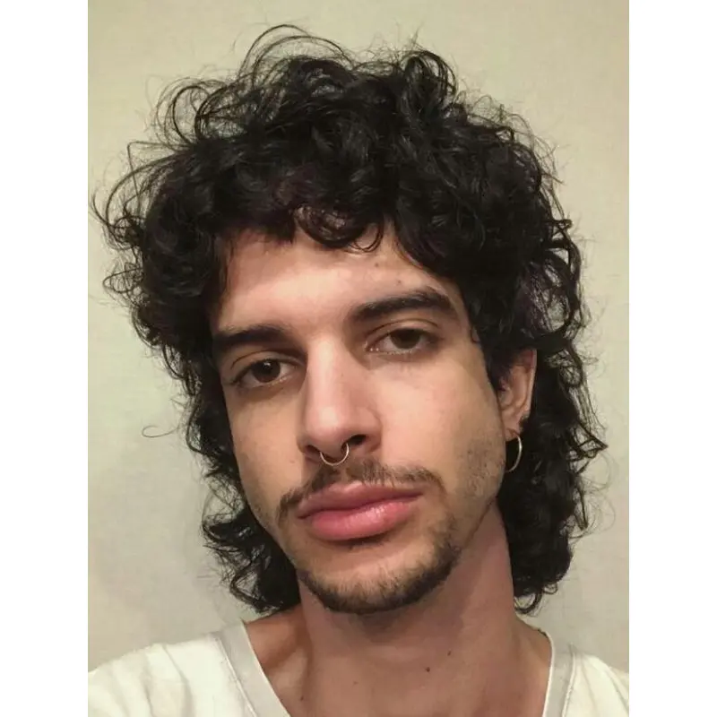 Curly Capless Remy Human Hair Black Long Heavy on Fringe Shag Men Wigs