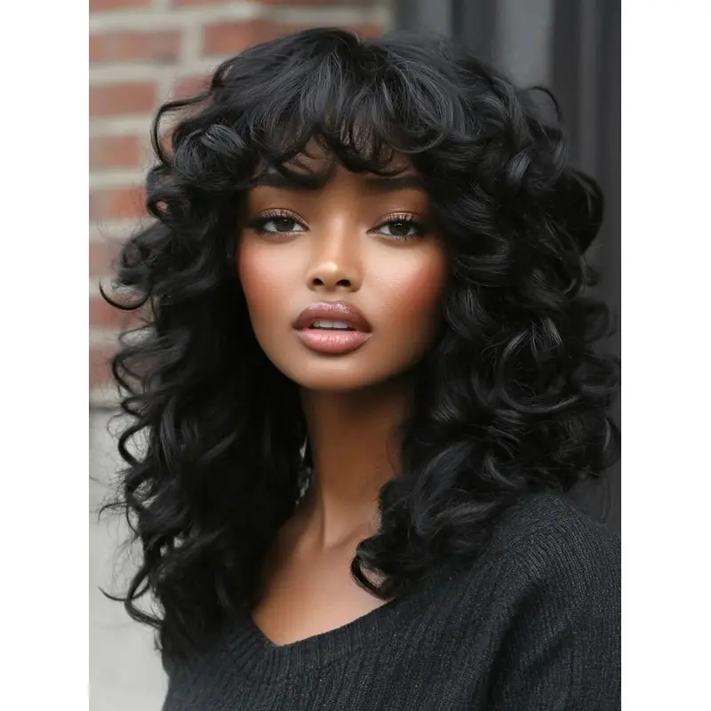 Human Hair Wigs For African American Black Curly With Bangs Wigs