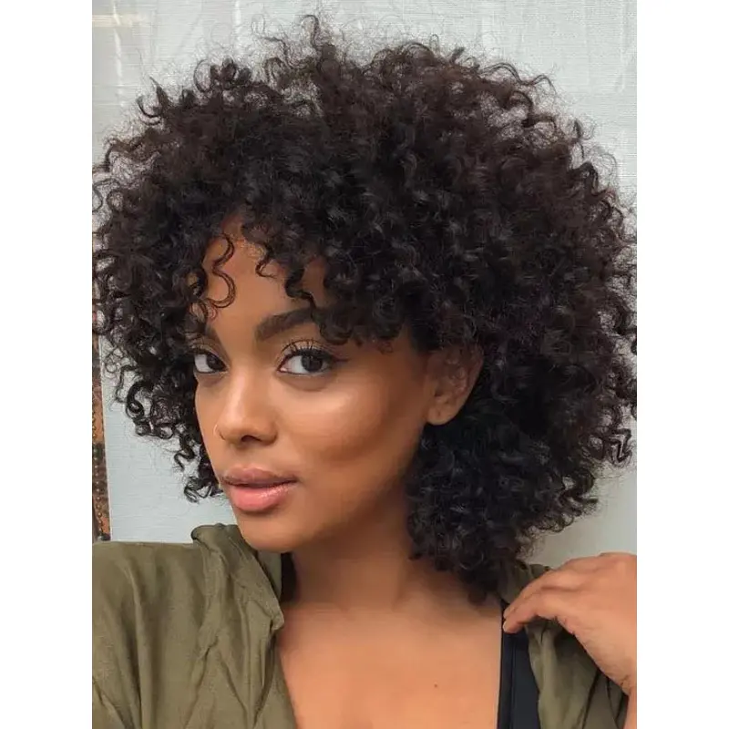 Human Hair Wigs With Bangs For African American 12" Monofilament Black Wigs