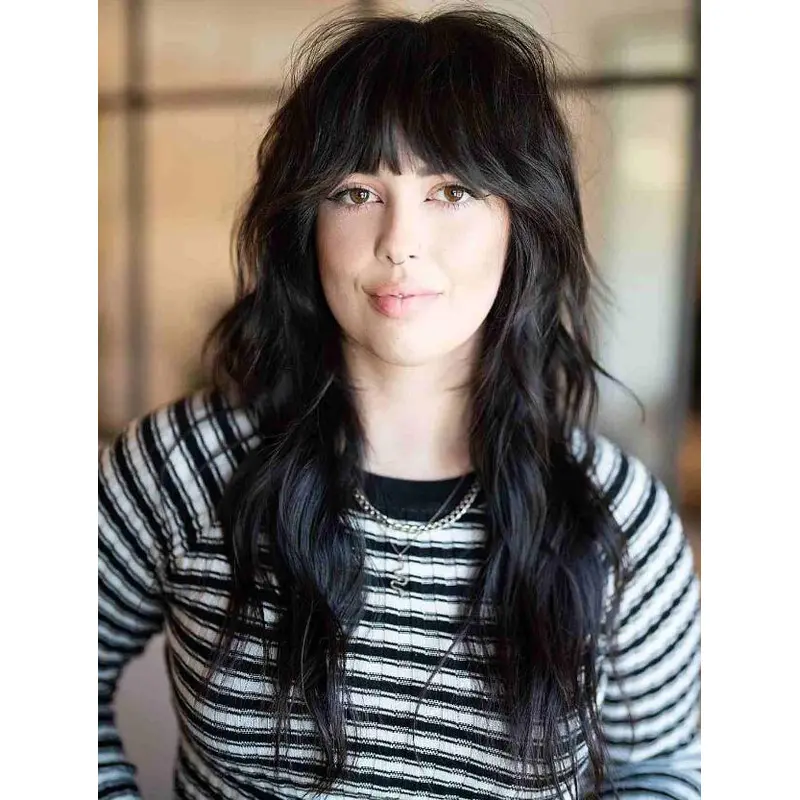 Real Human Hair Wigs Wavy Lace Front Wigs Long Layered Blunt Bangs Wigs