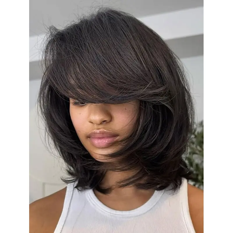 African American Medium Length Human Hair Wigs 12" Black Lace Front Wigs