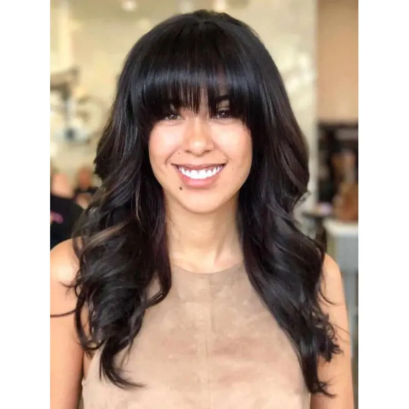 Long Human Hair Wigs Black Wavy Wigs Lace Front Thick Bangs Wigs