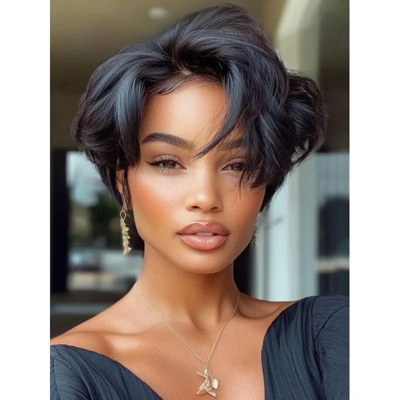 Black African Wigs Remy Human Hair Wavy Layered Wigs
