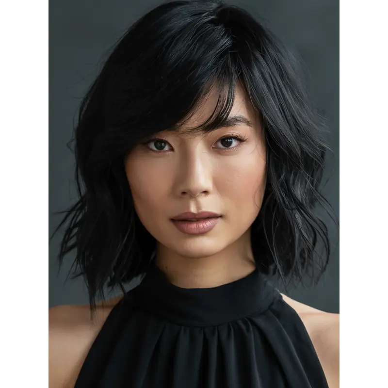 Medium Black Wig 12" Synthetic Bobs Shoulder Length Monofilament Wigs