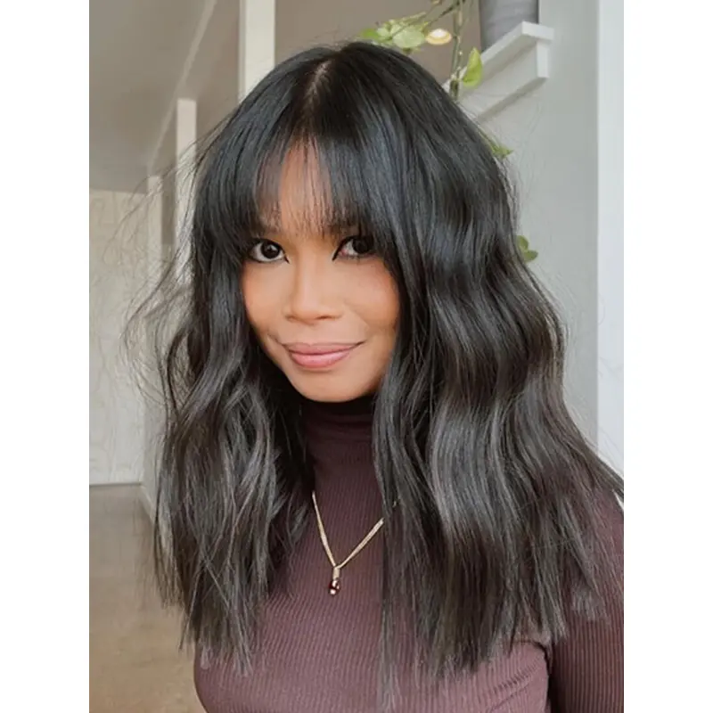 16" Wavy Lace Front Long Black Wig With Bangs