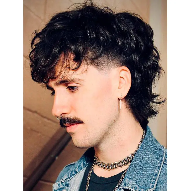 Medium Wavy Capless Black Remy Human Hair Mullet Man Wigs