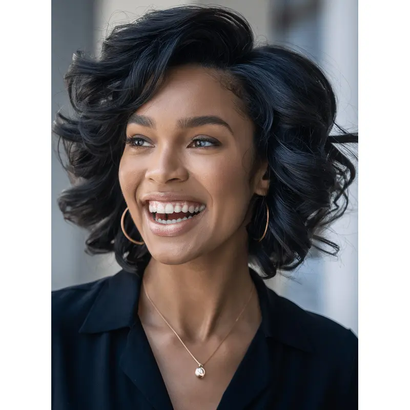 African American Human Hair Wigs Black Curly Layered Wigs