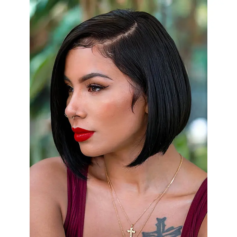 Black Bob Lace Front Wig Synthetic 10" Straight Without Bangs Wigs