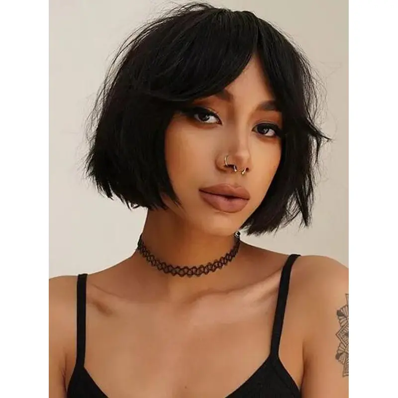 Black Wigs Lace Front Synthetic Wavy French Bob Wigs