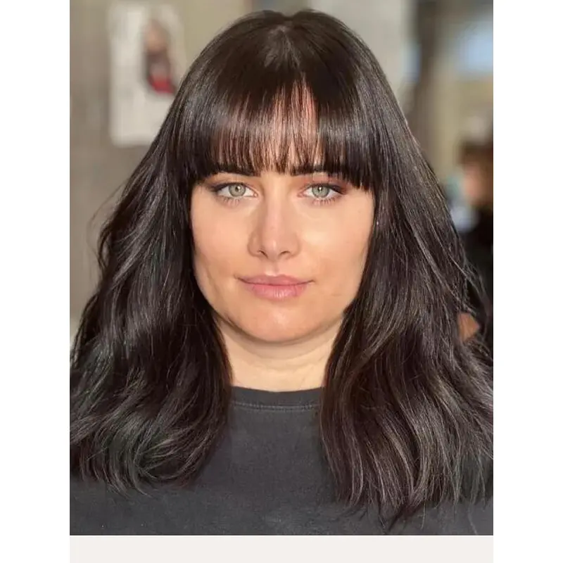 Cheapest Wigs Black Shoulder Length Lace Front Wavy Synthetic Korean Thin Bangs Wigs