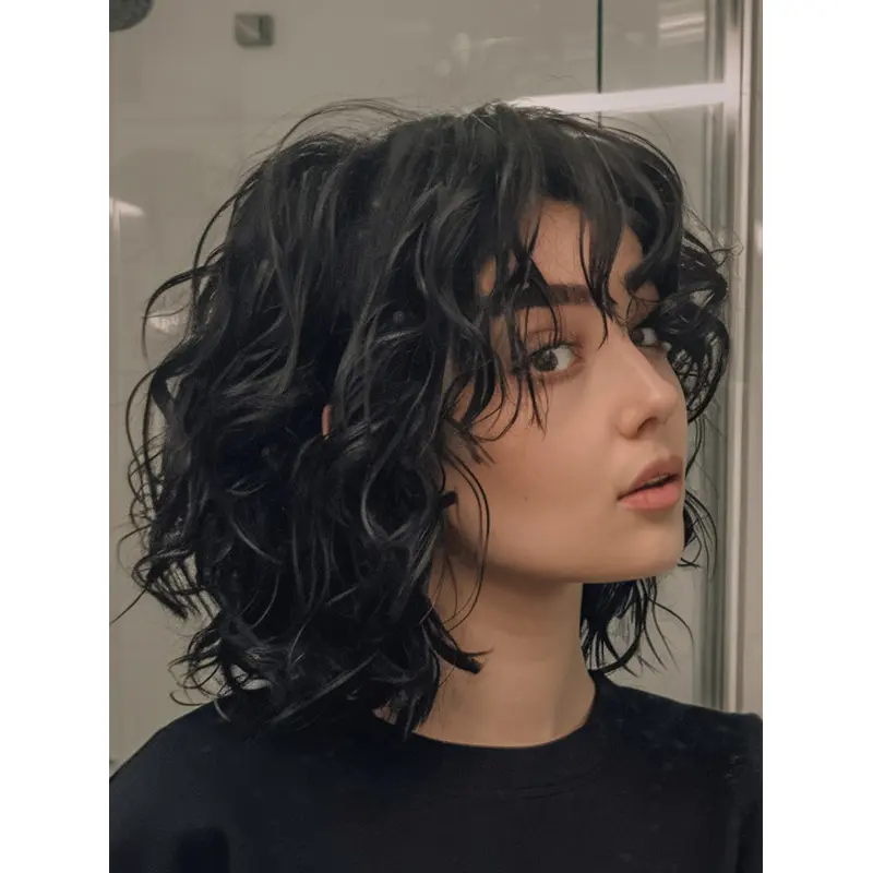 Medium Black Wig With Bangs Lace Front Remy Human Hair 12" Shoulder Length Wavy Wigs