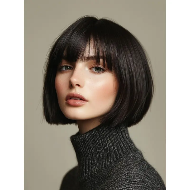 Wig Short Hair Monofilament Bobs Remy Human Hair 8" Black Wigs