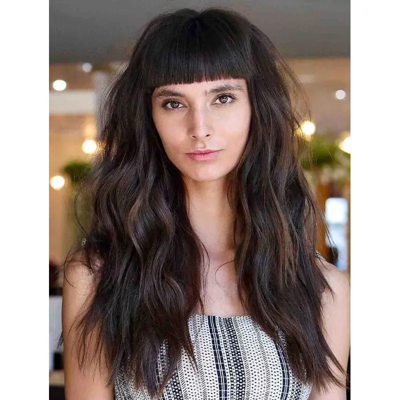 Lace Front Wigs With Bangs Long Black Wavy Synthetic Blunt Bangs Wigs