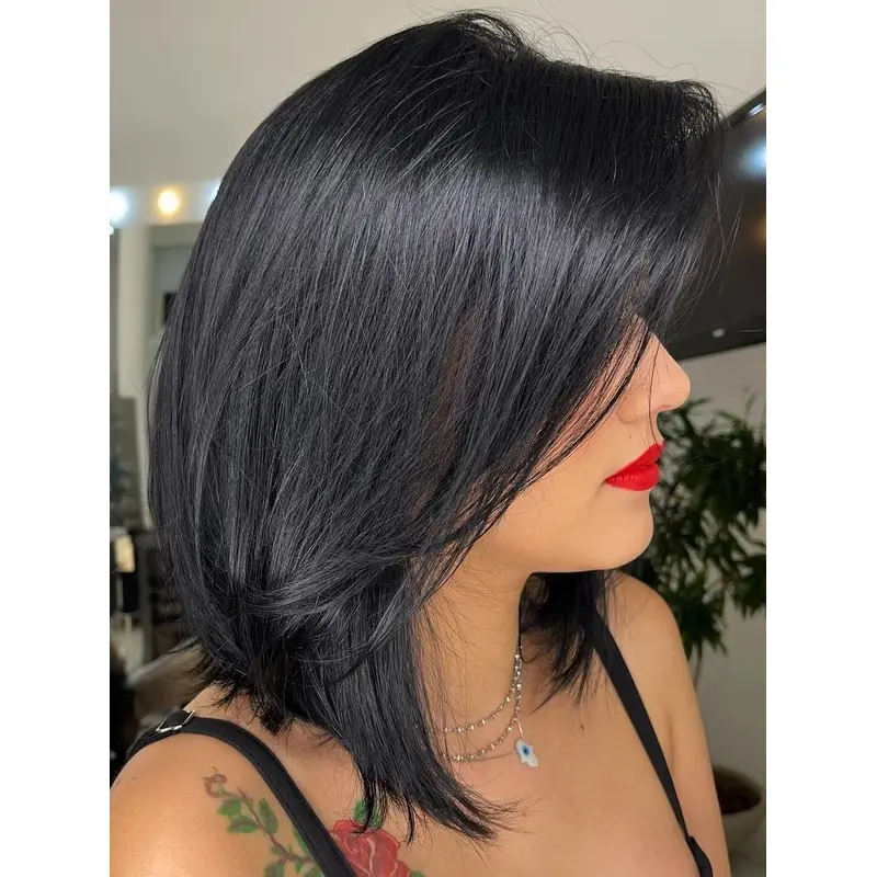 Medium Length Wigs Human Hair Without Bangs Monofilament 12" Black Straight Wigs