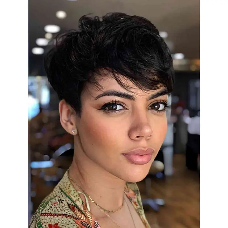 Wigs For Short Hair Wavy Natural Black Synthetic Pixie Cut Wigs