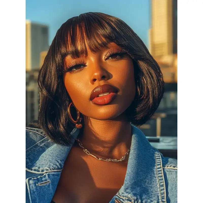 Human Hair Wigs With Bangs For African American Black Wavy Wigs