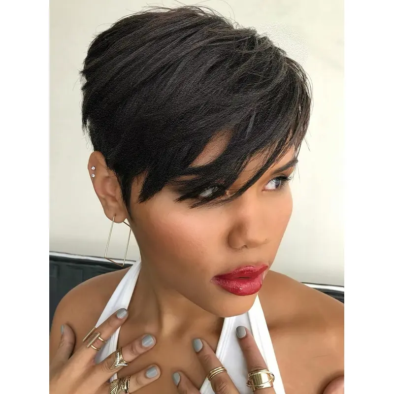 Short African American Human Hair Wigs 4" Monofilament Black Wigs