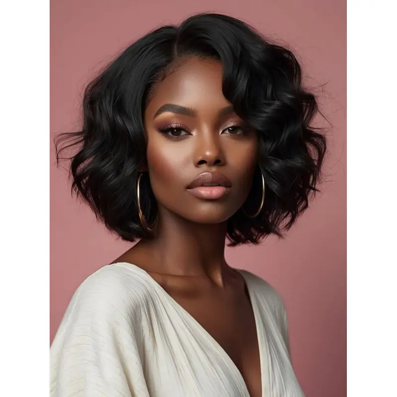 Layered Bob Wigs For African American 10" Wavy Black Wigs
