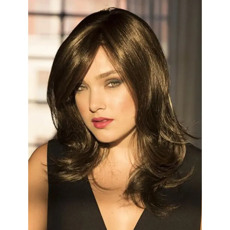 With Bangs Synthetic Brown Wavy 14" Mono Wigs