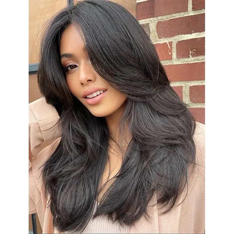 Long Black Wig Sassy Synthetic Lace Wig Wavy Long Hair Wig