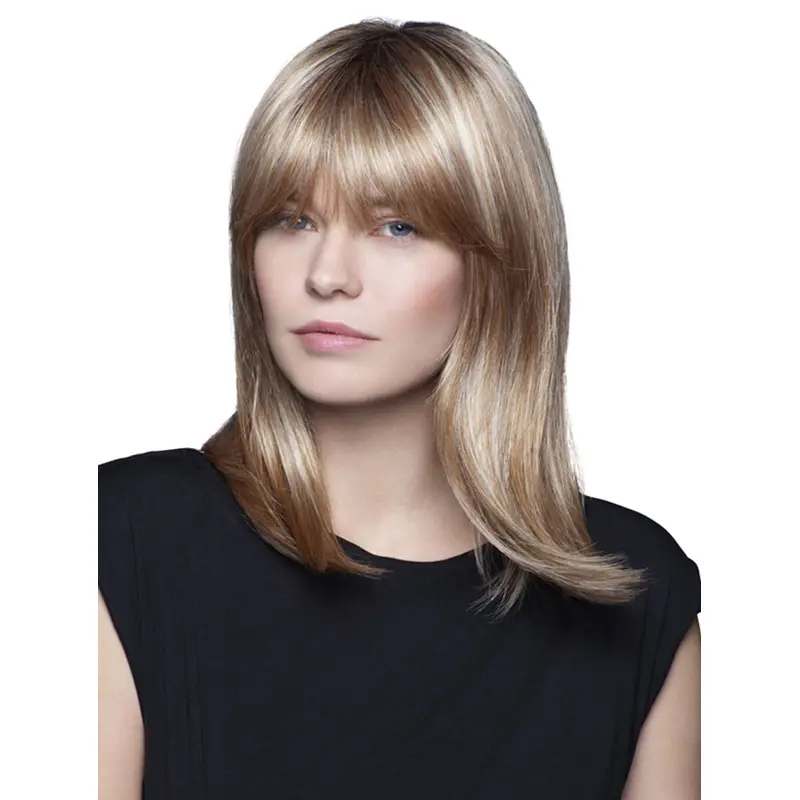 Natural Blonde Straight With Bangs Synthetic Medium Wigs