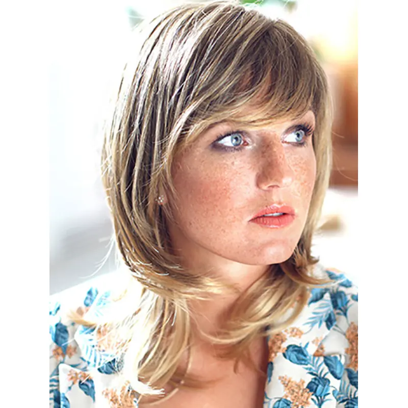 14" Wavy Shoulder Length Blonde Synthetic Layered Hand Made Wigs