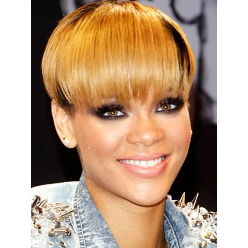 Rihanna Watermelon Taro Style Short Straight Capless Human Hair Wig with Bangs