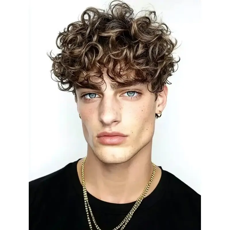 Lace Wigs For Mens With Bangs 4" Curly Synthetic Wigs