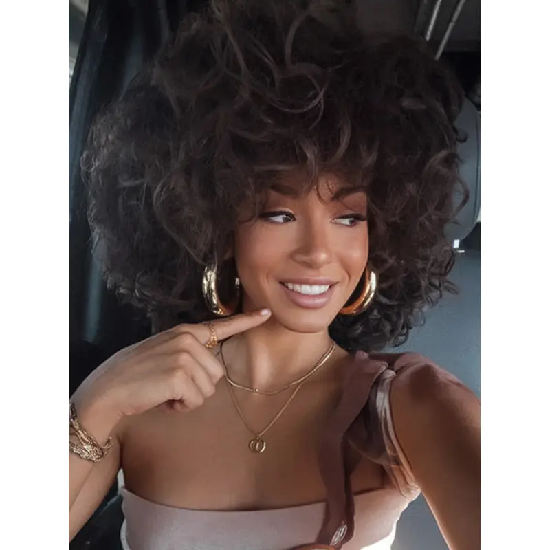 African American Wigs Human Hair Curly Shoulder Length Layered Wigs