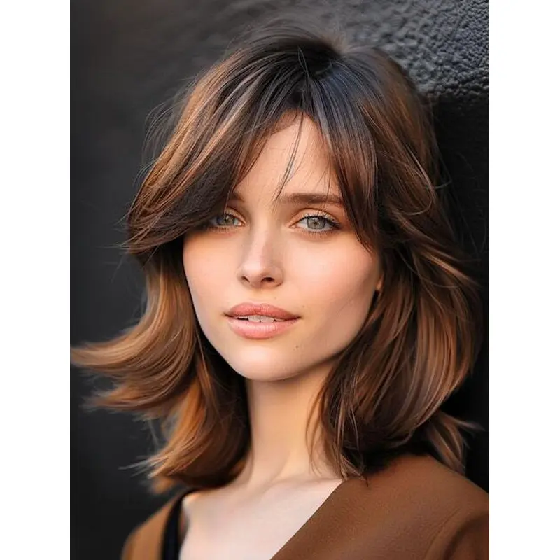 Medium Wigs With Bangs 12" Wavy Brown Remy Human Hair Monofilament Wigs