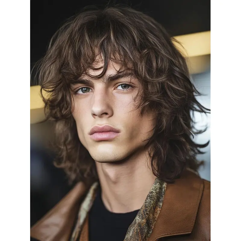 Men's Hair Wigs Brown Shoulder Length 14" Wavy With Bangs Wigs