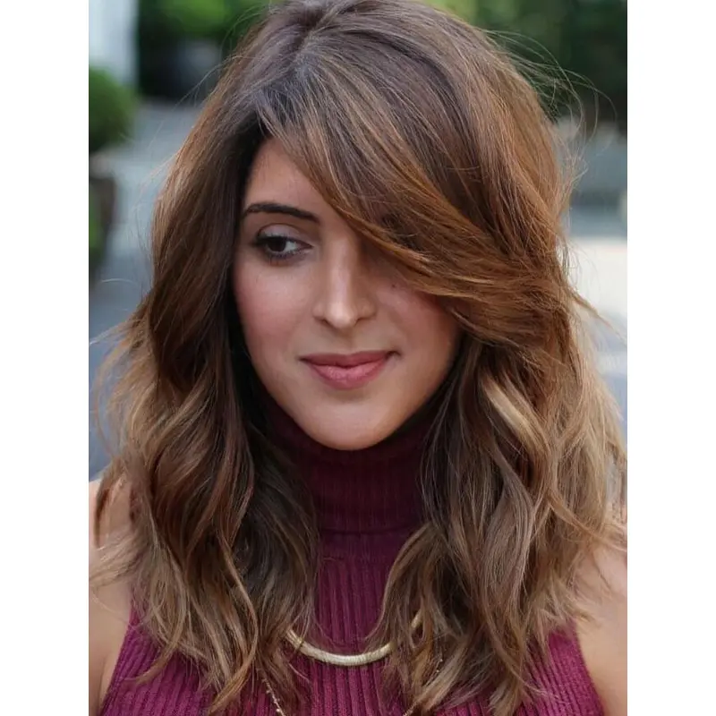Great Wigs Lace Front Wavy Long Brown Layered Synthetic Side-Swept Bangs Wigs