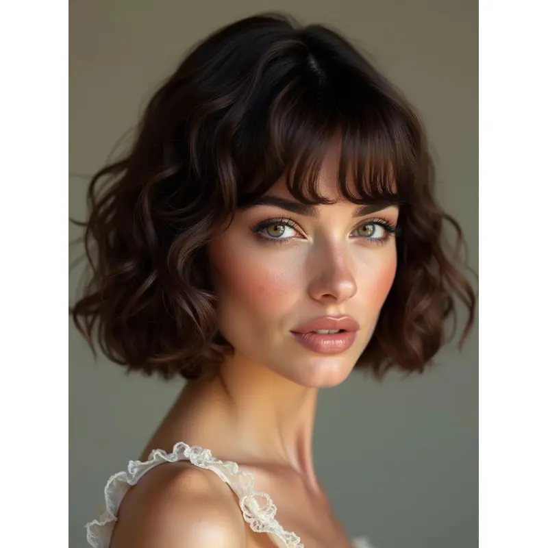 Brown Curly Medium Wig Remy Human Hair Bobs Monofilament 10" Chin Length Wigs