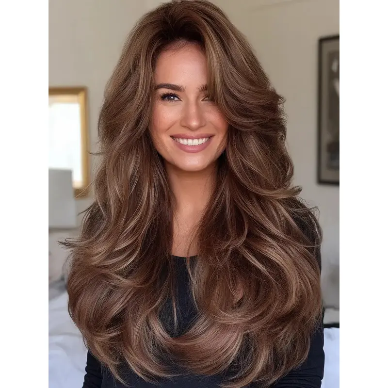 Long Human Hair Wig Layered Monofilament 22" Wigs