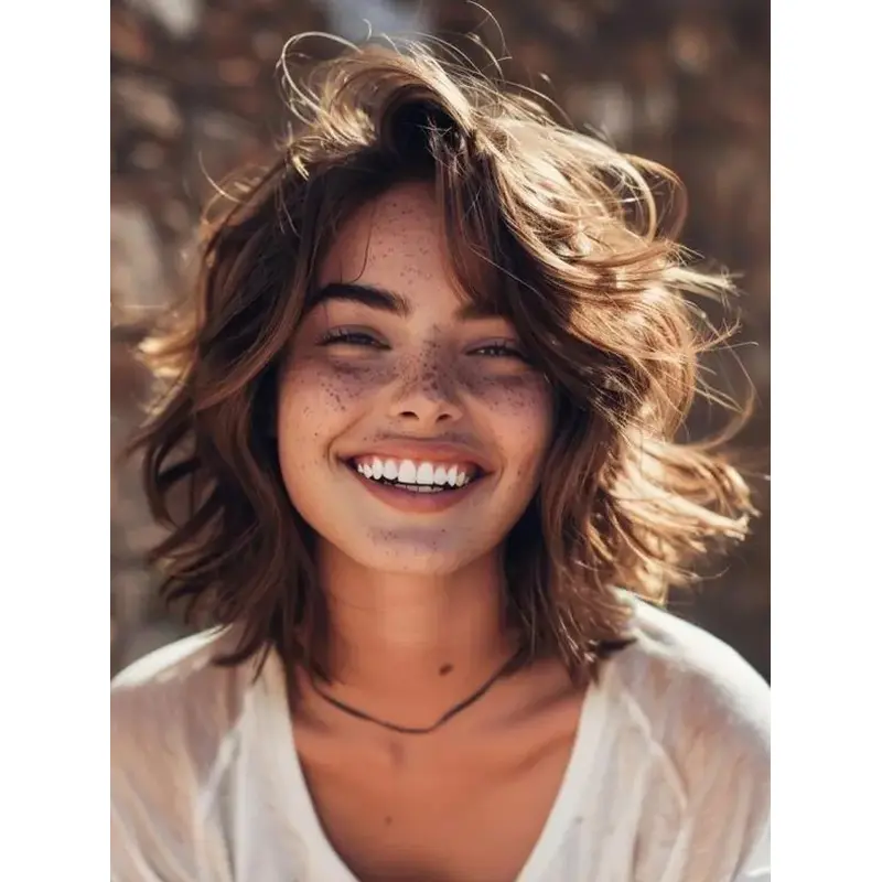 Medium Brown Wavy Wig Monofilament Shoulder Length Remy Human Hair Layered 12" Wigs