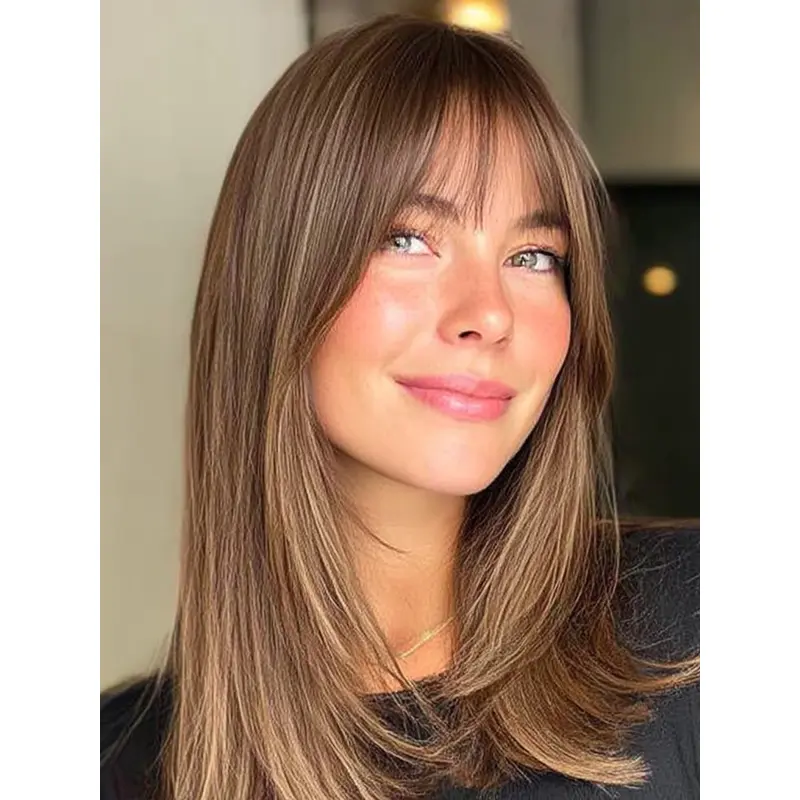 Medium Lace Front Wigs Straight With Bangs 14" Brown Wigs
