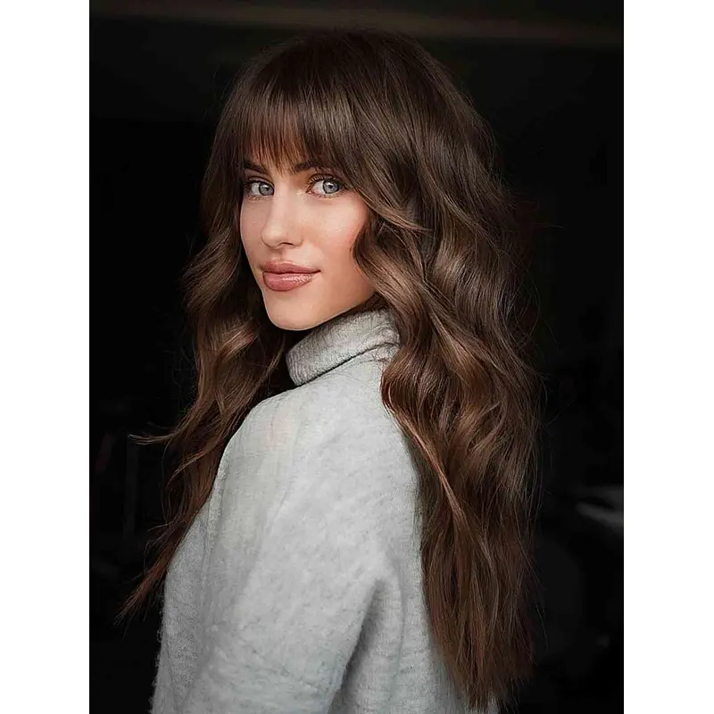 18" Remy Human Hair Lace Front Long Wavy Wigs With Bangs