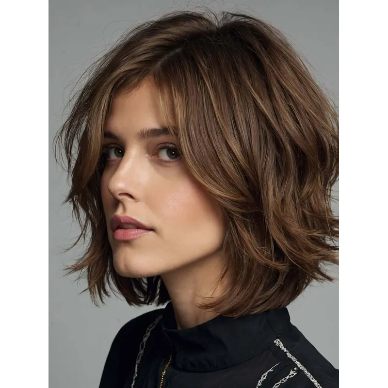Medium Brown Bob Wig 10" Wavy Monofilament Synthetic Wigs