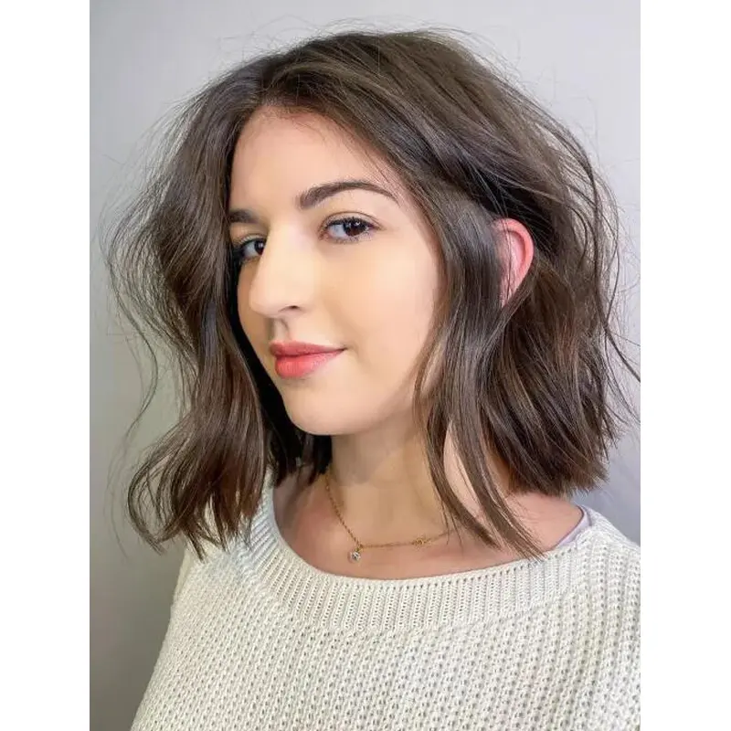 Medium Length Wigs Without Bangs Lace Front Brown Synthetic Wavy Modern Bob Wigs