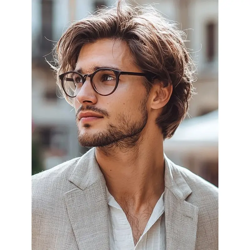 Mens Synthetic Wigs Layered Brown Monofilament Wavy Wigs