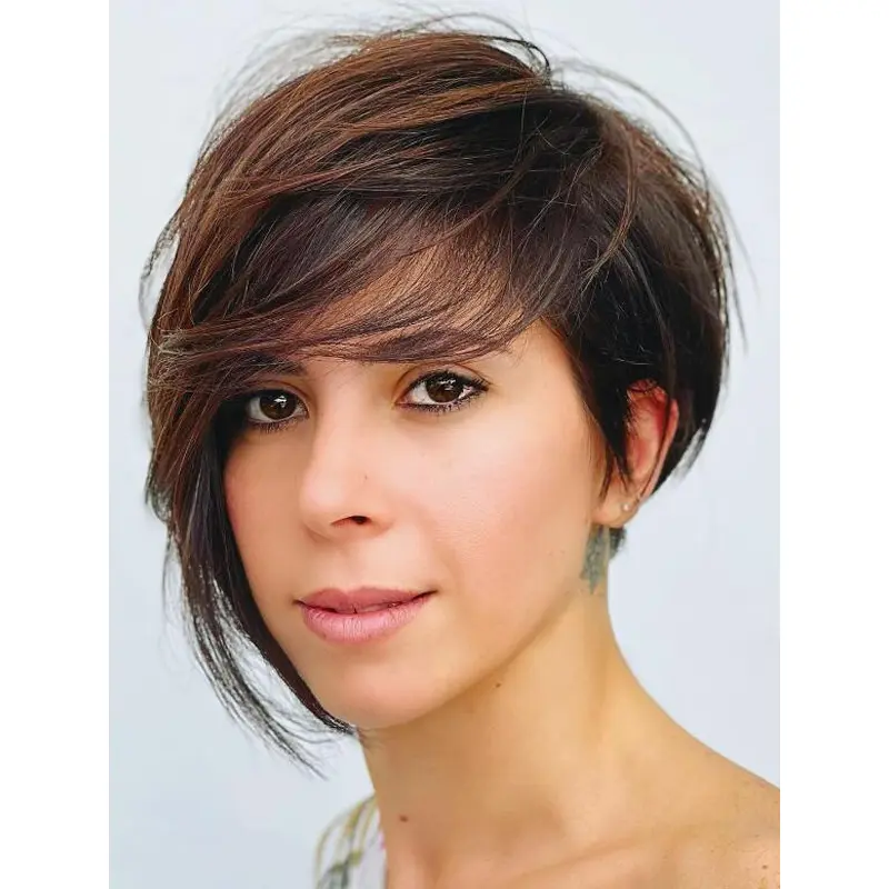 Short Wigs Bobs Trendy Lace Front Brown Synthetic Wavy Long Side Bangs Wigs