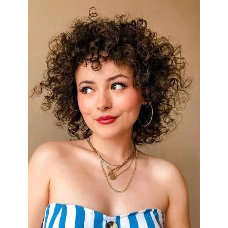 Brown Curly Wig Synthetic Lace Front Shoulder Length Wigs Curly Wigs